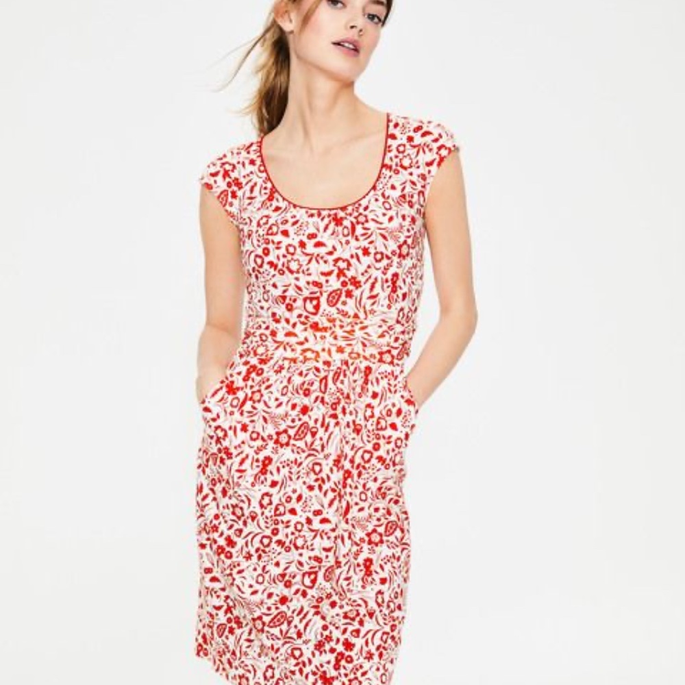 Boden Margot Floral Jersey Dress Red Pop Folklore US 16 L